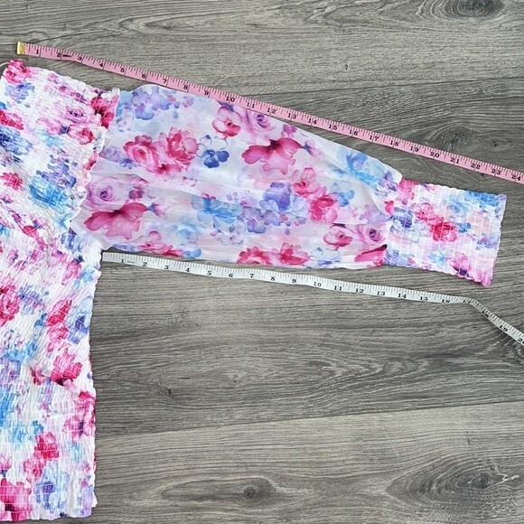BB Dakota Off the Shoulder Top Large Smocked Blouson Sleeve Floral Boho Spring - Picture 11 of 11